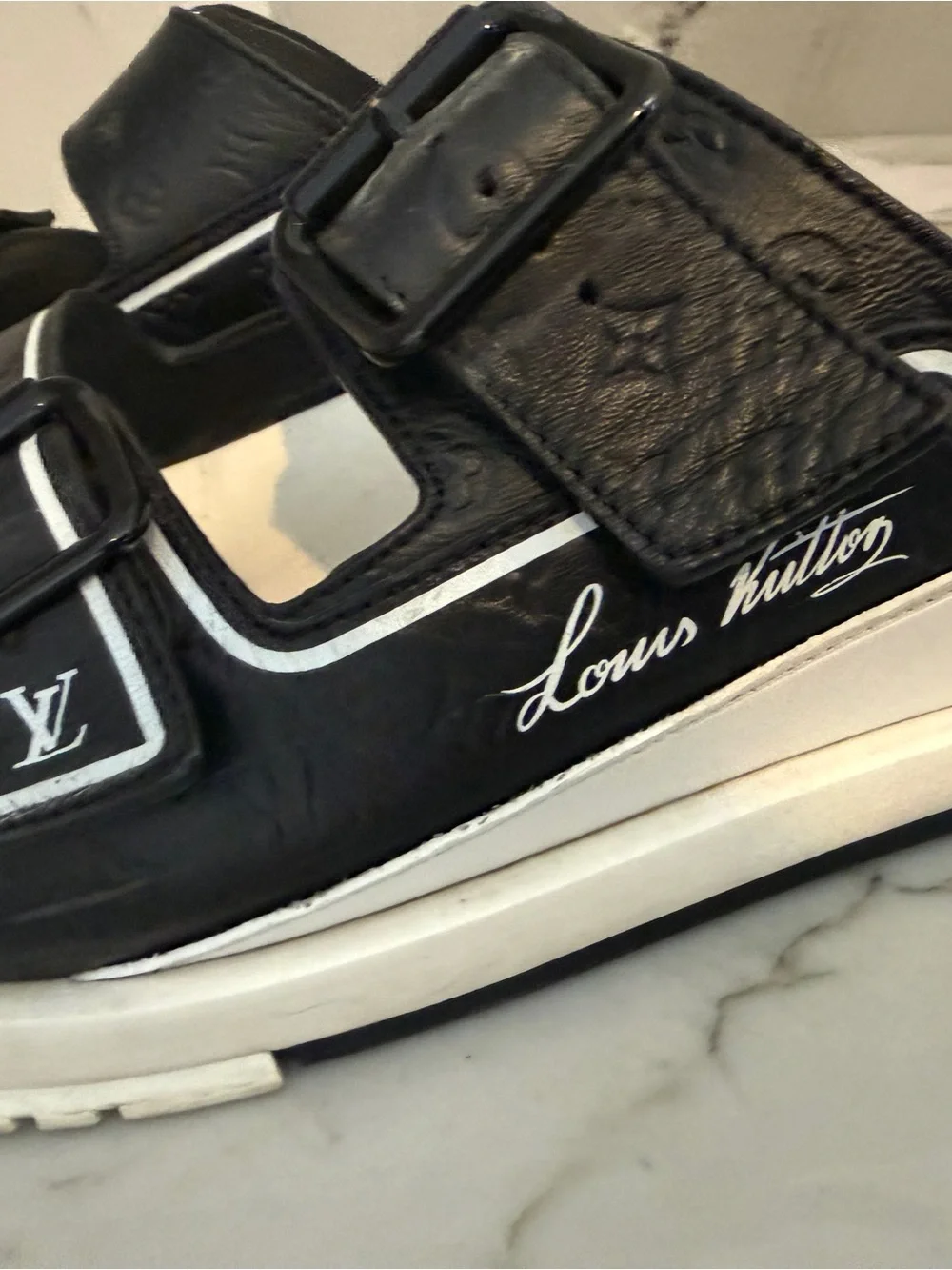 Louis Vuitton Black and White Kids Double-Buckle Slide Sandals